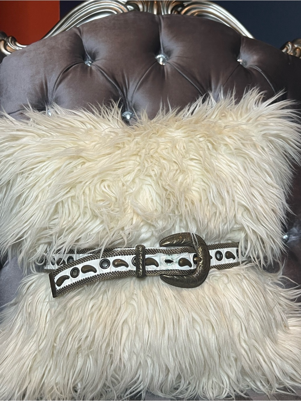 White & Antique Bronze Western Statement Belt with Chainmail Mesh paisley detail